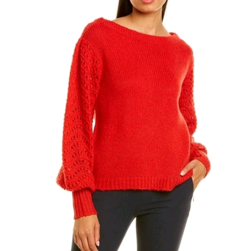 Merlette Somerset Red Crocheted Puff Sleeve Alpaca Wool Blend Sweater Women's M